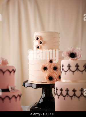 Pink Tiered Wedding Cakes, Studio Shot Stock Photo