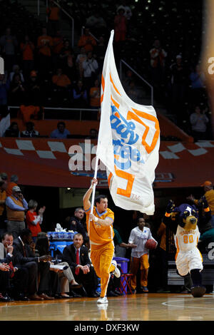 March 24, 2014 - Knoxville, TN, USA - March 24, 2014: A Tennessee Lady Volunteers cheerleader leads the team onto the court before an NCAA women's college second-round tournament basketball game against the St. John's Red Storm Monday, March 24, 2014, in Knoxville, Tenn. (Wade Payne/Cal Sport Media) Stock Photo