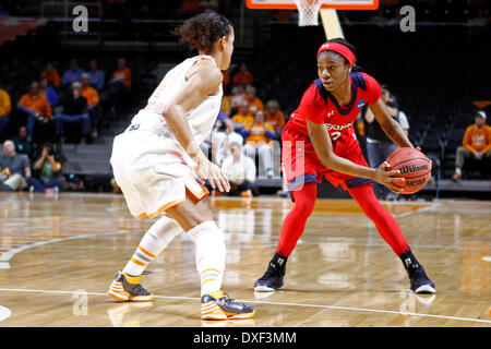 March 24, 2014 - Knoxville, TN, USA - March 24, 2014: St. John's Red Storm guard Aliyyah Handford (3) works against Tennessee Lady Volunteers guard Andraya Carter (14) in the first half of an NCAA women's college second-round tournament basketball game Monday, March 24, 2014, in Knoxville, Tenn. (Wade Payne/Cal Sport Media) Stock Photo