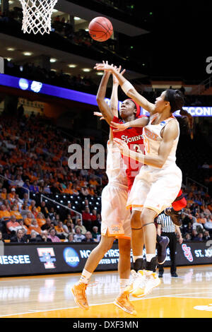 March 24, 2014 - Knoxville, TN, USA - March 24, 2014: St. John's Red Storm guard Aliyyah Handford (3) shoots as she's defended by Tennessee Lady Volunteers center Mercedes Russell (21) in the first half of an NCAA women's college second-round tournament basketball game Monday, March 24, 2014, in Knoxville, Tenn. (Wade Payne/Cal Sport Media) Stock Photo