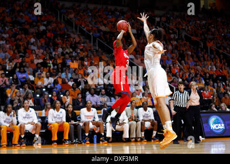 March 24, 2014 - Knoxville, TN, USA - March 24, 2014: St. John's Red Storm guard Aliyyah Handford (3) shoots over Tennessee Lady Volunteers forward Cierra Burdick (11) in the first half of an NCAA women's college second-round tournament basketball game Monday, March 24, 2014, in Knoxville, Tenn. (Wade Payne/Cal Sport Media) Stock Photo