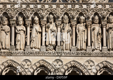Detail of the sculpture above the central portal of the Cathedrale Notre-Dame in the city of Amiens, Picardy region of France