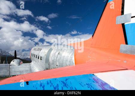 An old DC3- 5 Tango 22 air plane in Ushuaia which is the capital of Tierra del Fuego, in Argentina Stock Photo