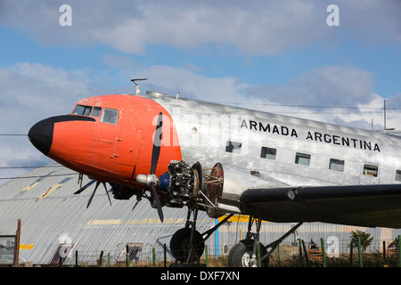 An old DC3- 5 Tango 22 air plane in Ushuaia which is the capital of Tierra del Fuego, in Argentina, Stock Photo