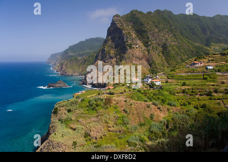 Village of Boaventura and the Arco de Sao Jorge (mountain range) on the north coast of the Portuguese Island of Madeira Stock Photo