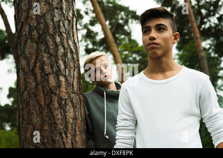 Portrait of two boys standing next to tree in park, Germany Stock Photo