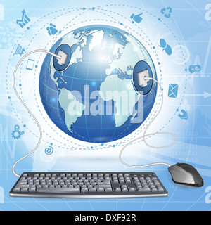 Mouse and Keyboard Connected to Earth with Internet Icons, illustration on abstract background Stock Photo