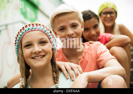 Portrait of Girls and Boy Outdoors, Mannheim, Baden-Wurttemberg, Germany Stock Photo