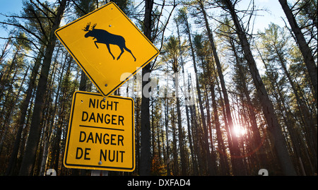 Close-up of moose danger sign, Trans Canada Highway, near Wawa, Ontario, Canada Stock Photo