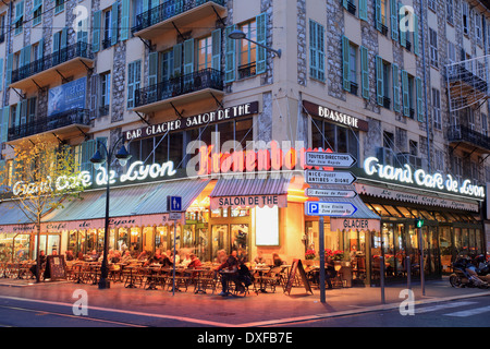The Grand Café de Lyon on the Avenue Jean Medecin in Nice city at night Stock Photo