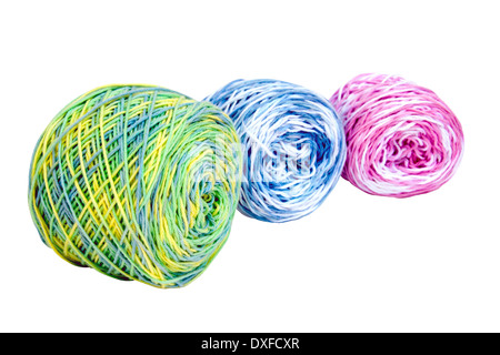 three balls of bright multi-colored crochet cotton Stock Photo