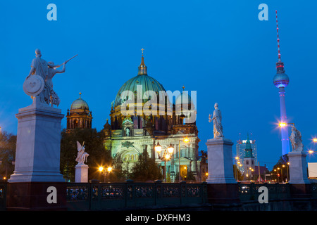 The Berliner Dom Cathedral and the Television Tower lit up at Night during the Festival of Lights, Berlin, Germany Stock Photo