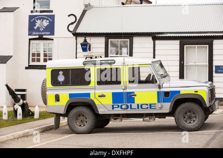 The Police headquarters in Port Stanley, the capital of the Falkland Islands, with a whale harpoon outside. Stock Photo