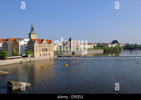 View from Charles Bridge over Vltava River, Old Town, Prague, Bohemia, Czech Republic Stock Photo