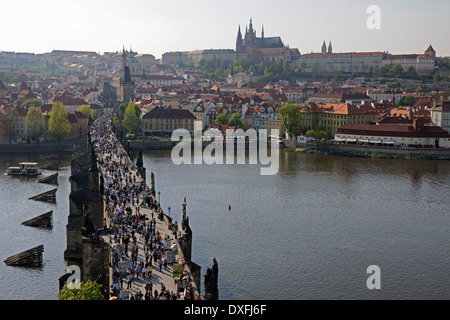 View from Old Town bridge tower over Charles Bridge, to Mala Strana with St. Vitus Cathedral, Prague, Bohemia, Czech Republic Stock Photo
