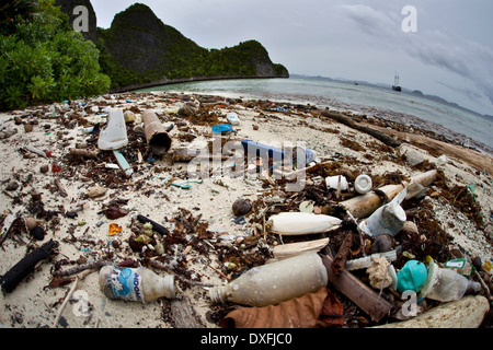 Plastic Waste washes ashore, Raja Ampat, West Papua, Indonesia Stock Photo