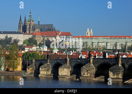 View over the Vltava River to Charles Bridge and St. Vitus Cathedral, Mala Strana, Prague, Bohemia, Czech Republic Stock Photo