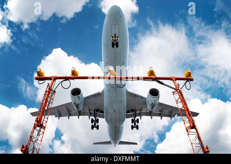 Low angle view of jumbo jet landing at Pearson International Airport, Toronto, Ontario, Canada12 Stock Photo