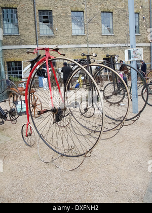 Antique Penny Farthing Bicycles in display at Portsmouth historic dockyard, england Stock Photo