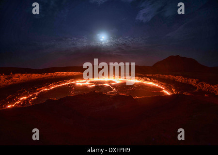 living lava lake in the crater of Erta Ale volcano in the Danakil Depression, Ethiopia, one of 4 existing lava lakes worldwide. Stock Photo
