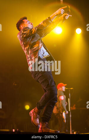 London, Ontario, Canada. 25th March 2014. Jacob Hoggard of the Canadian alternative rock band Hedley performs at Budweiser Gardens in London Ontario on March 25, 2014. The group formed in 2004 and are based out of British Columbia. The band has released five studio albums and one live album. Credit:  Mark Spowart/Alamy Live News Stock Photo