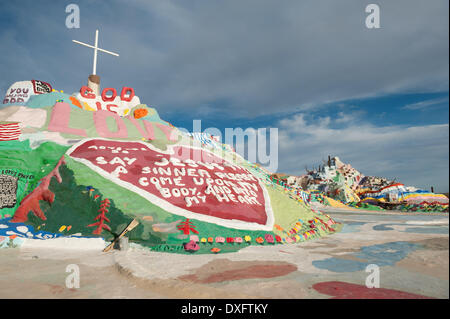 Niland, California, USA. 20th Mar, 2014. Salvation Mountain, a Christian-themed art installation piece by L. Knight, is pictured near Niland, Calif. The site is recognized by the American Folk Art Society, although its future is uncertain since Knight died earlier this year. © Will Seberger/ZUMAPRESS.com/Alamy Live News Stock Photo