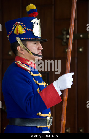 Ceremonial Guard at the Palacio de la Gobierno (Presidential Palace) in Plaza de la Independencia in Quito, Ecuador. Stock Photo