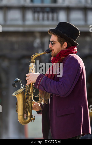 Saxophonist performing during 2014 Venice Carnival, Venice, Italy Stock Photo