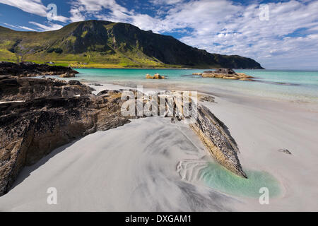 The white sandy Refviksanden Beach, Vågsøy island, Sogn og Fjordane, Norway Stock Photo