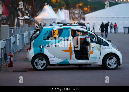 Electric car being recharged at a charging station, Rallye Monte-Carlo des Energies Nouvelles in 2014, Principality of Monaco Stock Photo