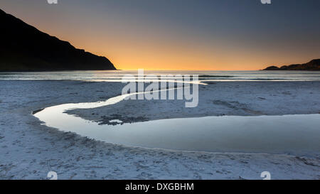 Refviksanden Beach with estuary in the evening light, Vågsøy island, Sogn og Fjordane, Norway Stock Photo