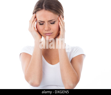 Portrait of young woman suffering from headache, isolated on white Stock Photo