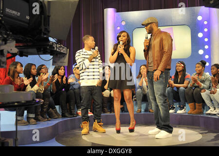 Tyler Perry with hosts Bow Wow and Kimberly 'Paigion' Walker Celebrities appear on BET's '106 & Park' Where: New York City, New York, United States When: 17 Oct 2012 Stock Photo
