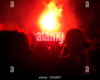 Pyrotechnics display on stage at music festival Stock Photo