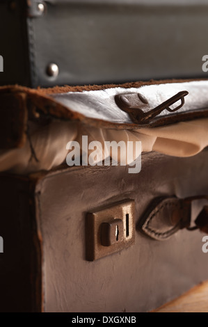 old fashioned leather handmade suitcase with latches lock and handle used by doctor formal statement Stock Photo