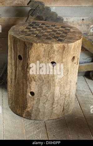 Chess- or checker-board carved into a stump, Spring Mill Pioneer Village, Indiana. Digital photograph Stock Photo
