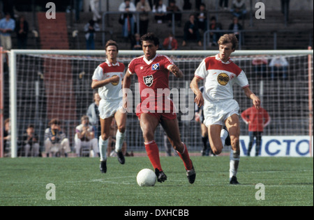 football, Bundesliga, 1983/1984, Rhine Stadium, Fortuna Duesseldorf versus Hamburger SV 2:3, scene of the match, f.l.t.r. Holger Fach (Fortuna), William Hartwig (HSV), Manfred Bockenfeld (Fortuna) Stock Photo