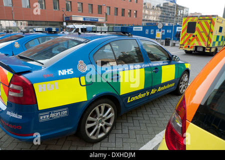 NHS London Air Ambulance cars in the carpark of the Royal London Hospital in Whitechapel East London, UK KATHY DEWITT Stock Photo