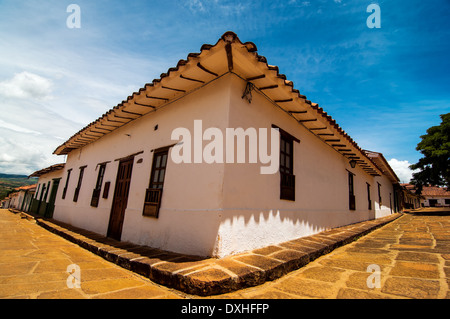 A street corner in the colonial town of Barichara, Colombia. Stock Photo