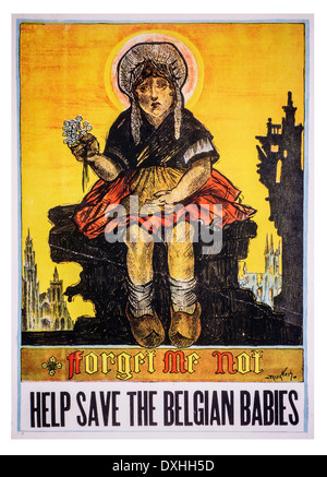 American WW1 propaganda poster Forget Me Not - Help Save the Belgian Babies showing little girl sitting amid ruins Stock Photo