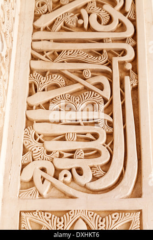 Detail of intricate moorish carved plasterwork stucco on the walls of the Nasrid palaces, the Alhambra Palace, Granada, Spain Stock Photo