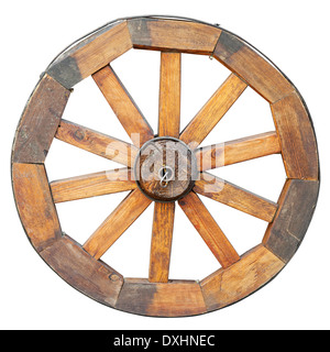 wooden cart wheel, isolated on white Stock Photo