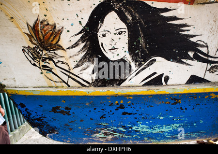 painting of woman s portrait on fishing boat Stock Photo