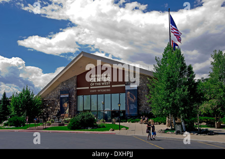 Buffalo Bill Center of the West, entrance, Woman and boy walk away, people on bench Stock Photo