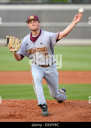 March 26, 2014 - Orlando, FL, U.S: BCU starting pitcher Riley O'Brien (19) during NCAA baseball game action between the Bethune Cookman Wildcats and the UCF Knights. UCF defeated BCU 4-1 at Jay Bergman Field in Orlando, FL Stock Photo