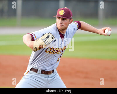 March 26, 2014 - Orlando, FL, U.S: BCU starting pitcher Riley O'Brien (19) during NCAA baseball game action between the Bethune Cookman Wildcats and the UCF Knights. UCF defeated BCU 4-1 at Jay Bergman Field in Orlando, FL Stock Photo