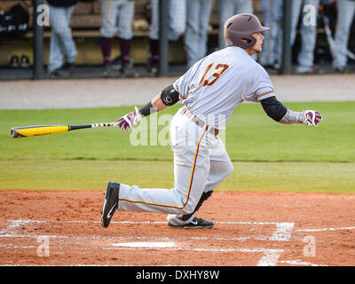 March 26, 2014 - Orlando, FL, U.S: BCU infielder Eros Modena (13) at bat during NCAA baseball game action between the Bethune Cookman Wildcats and the UCF Knights. UCF defeated BCU 4-1 at Jay Bergman Field in Orlando, FL Stock Photo