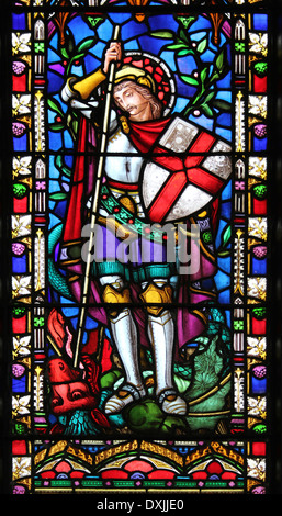 Stained Glass Window Depicting Saint George Killing The Dragon Stock Photo