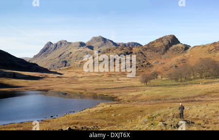 From Blea Tarn, the view of Langdale Fell and Pikes, barren mountains in the Lake District of England.