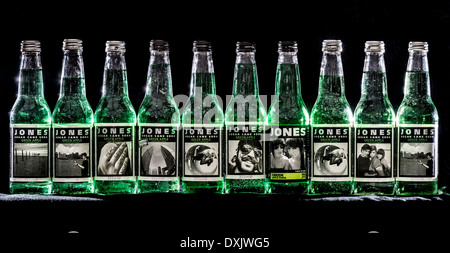 Ten green bottles on a wall....Jones Green Apple soda. Stock Photo